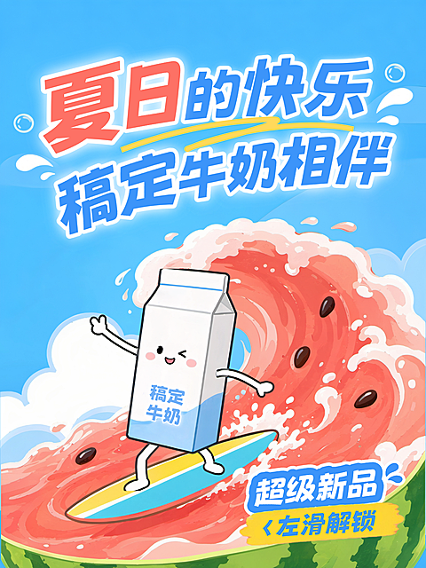 夏季牛奶新品上市创意拟人冲浪小红书封面