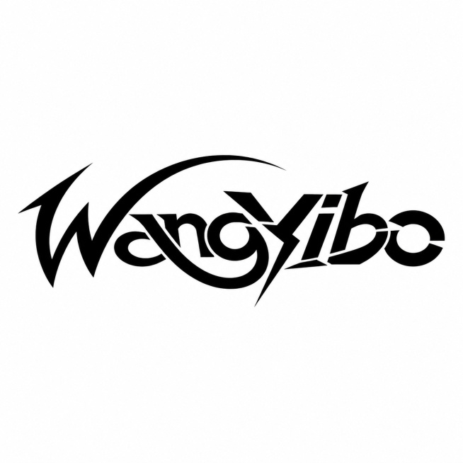 黑色字体，白色干净背景，创意无衬线字体设计，七个字母组成"WangYibo"，多字母融合为一个整体logo化图形构图，将字体进行大幅度抽象变形。W字母设计延伸出流畅弧形线条贯穿整体，笔画带有尖锐末端与预览效果