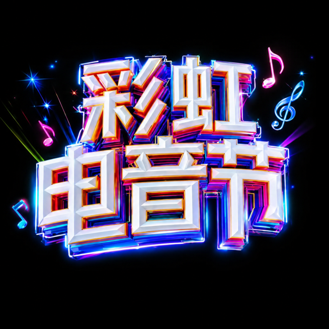 参考图片风格，单独提取出3D立体字'彩虹电音节'，保留原图霓虹彩色炫酷风格，单独生成一张作品预览效果