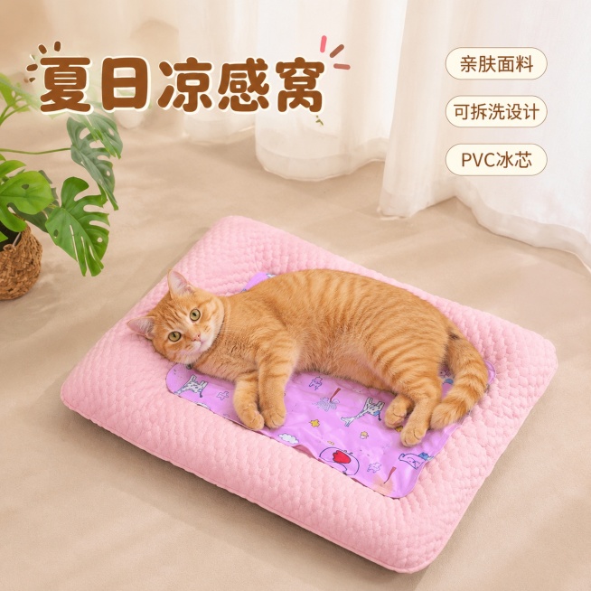 「图片1」生成电商主图（5张），商品名称宠物冰垫，适合抖音平台，单图比例1：1，卖点是亲肤面料＋pvc冰垫，可拆洗，风格是真实家居治愈风预览效果