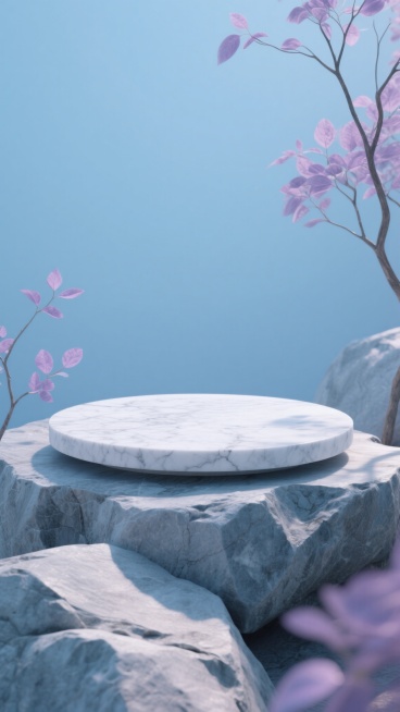 极简主义风格的3D渲染场景，画面中央是一块圆形的白色大理石平台，表面有自然的纹理和细微的裂纹，平台平稳地放置在粗糙的青灰色岩石基座上。背景是柔和的靛蓝色天空，营造出清冷而宁静的氛围。画面左侧和右侧有几枝带有粉紫色叶片的纤细树枝，部分枝叶延伸至平台上方和岩石边缘，形成自然的框架。岩石表面有明显的肌理感，光影从右上方照射下来，在平台和岩石上形成淡淡的阴影和柔和的高光过渡，整体色调统一在清冷的米白、……预览效果