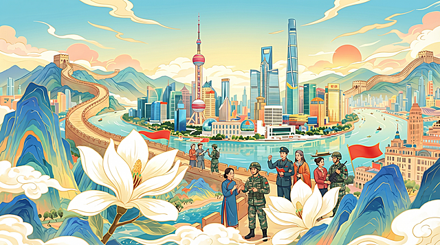 参考现有浦东陆家嘴国潮插画，自然融入长城景观元素，呈现军民团结一家亲、军民鱼水情的时代风貌，展现城市发展与红色传承融合的主题，国潮插画风格，16:9横版，明亮和谐色调