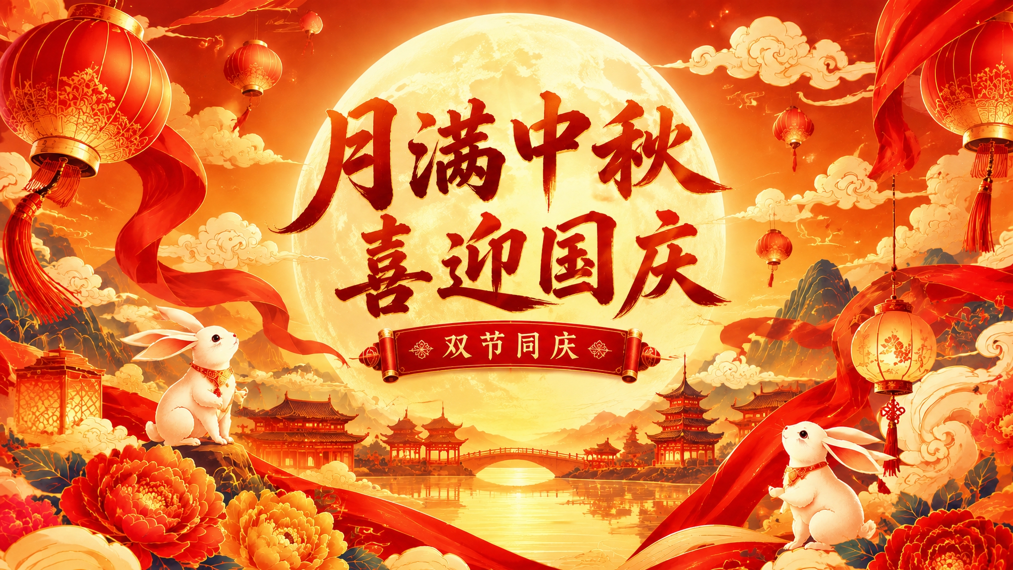 将这张中秋背景墙的主标题修改为"月满中秋 喜迎国庆"，下方横幅… - 图片创意预览