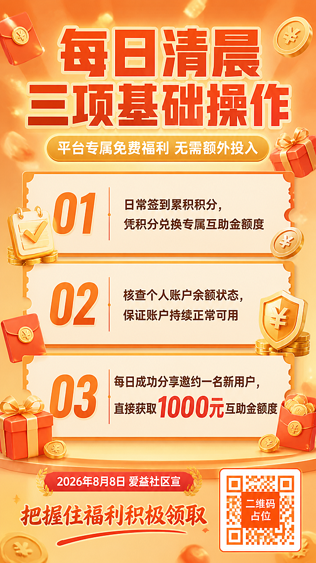 一张竖版活动福利海报，9:16比例，暖橙金黄配色，会员福利风格。画面顶部为大标题区，主标题文字为"每日清晨三项基础操作"，超粗黑体，橙红色大字，视觉冲击力强；副标题文字为"平台专属免费福利 无需额外投入"，金色圆角矩形标签底白字，位于主标题下方。画面中部为三项操作福利条目区，采用三张纵向排列的票券形福利卡片，每张卡片左侧有大号数字编号01、02、03，右侧为操作内容：第一张卡片文字"日常签到累积积分，凭积分兑换专属互助金额度"，第二张卡片文字"核查个人账户余额状态，保证账户持续正常可用"，第三张卡片文字"每日成功分享邀约一名新用户，直接获取1000元互助金额度"，其中"1000元"用橙红色加粗放大突出。卡片为米白底色配橙色边框，带轻微锯齿边效果。卡片周围点缀3D立体金币、红包、礼盒等装饰元素，营造福利氛围。画面底部为信息区，文字"2026年8月8日 爱益社区宣"，以及引导语"把握住福利积极领取"。右下角有一个橙色方块二维码占位符，中央标注"二维码占位"文字。背景为暖橙色渐变，顶部稍深底部稍浅，带有轻微的光斑和粒子效果，整体温暖亲切有活力。版式精美，层级分明，四周留有安全边距。画面中所有信息区域和福利条目必须填充完整合理的内容，不得出现空白框或空白占位。画面中所有数字必须精确渲染，不得错位、遗漏或编造。