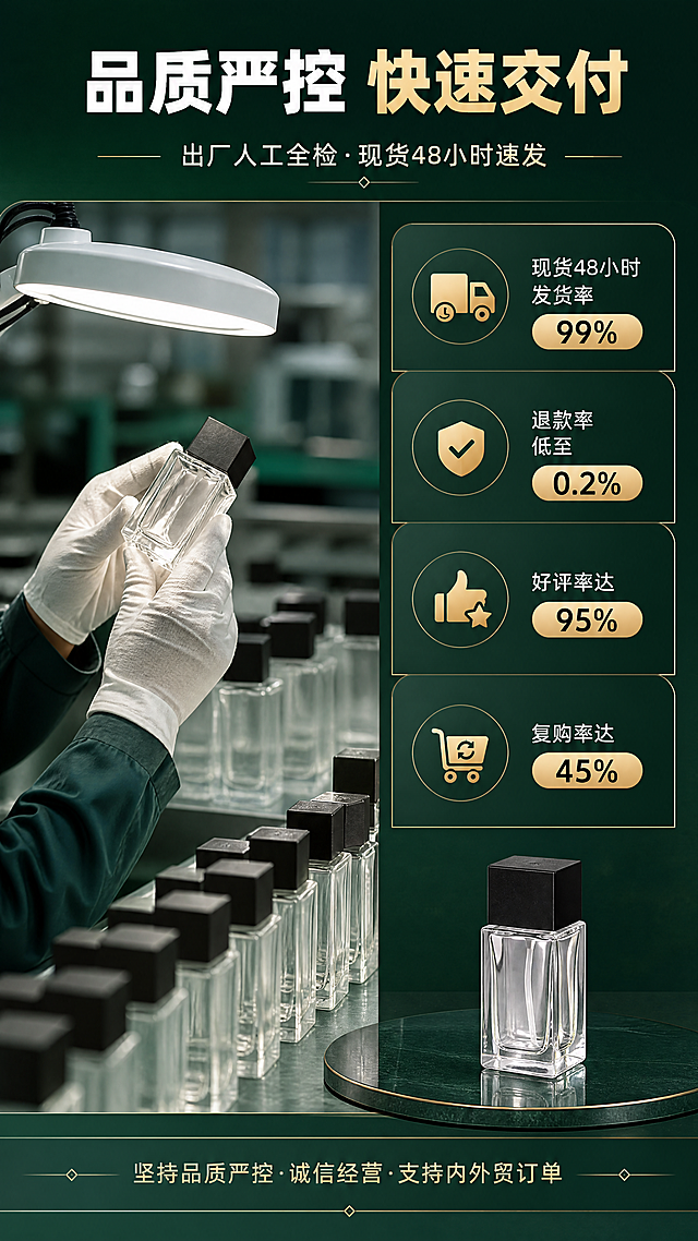 [商品] 本页为品控与交付展示页，以质检场景与数据为主；产品小图辅助，保留卡口玻璃香水瓶外观，瓶口卡口非螺口。
[画面] 第9张·品质管控与交付：目标是建立品质与交付信任。左右分栏构图，左侧为工厂质检场景（工人人工全检玻璃瓶、灯光下检验通透度），占画面50%；右侧为数据信息卡区域，4项核心数据竖向排列；背景墨绿渐变，整体严谨专业。
[视觉] 套系策略：风格=1688工厂批发商务风·通透高级商业摄影；标题字=粗黑体（思源黑体Heavy）；正文字=常规黑体（思源黑体Regular）；主色=墨绿（深森林绿）；背景延展=基于墨绿做深浅渐变、同色系层次、玻璃反光与台面质感；强调色=香槟金，仅用于小面积装饰线、数据标签、图标点缀；标题色=白色/浅金色；正文色=浅灰白；组件=圆角深色信息卡、细金线引线、数据胶囊标签；光影=质检场景暖白光+信息卡区域柔光，数据醒目。
[文字] 顶部主标题"品质严控 快速交付"，副标题"出厂人工全检·现货48小时速发"；4项数据："现货48小时发货率99%""退款率低至0.2%""好评率达95%""复购率达45%"；底部补充"坚持品质严控·诚信经营·支持内外贸订单"；全部横向排版。
[规格] 图片比例9:16竖版，4K，medium。负向：螺口瓶口、分装操作、人物面部特写、脏乱场景、错字、文字过小、水印、二维码、绝对化用语。