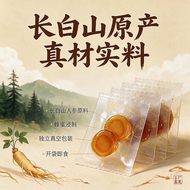 [主图-2] 核心亮点与溯源，展示长白山产地溯源+独立包装品质，建立信任感。
[统一基调] 抖音风格，场景化强视觉冲击，暖棕金配色，背景融入长白山产地氛围，主标题用粗厚书法体深棕色，辅助文案用清爽黑体米白色，强调字用朱红印章样式，整体真实可信、产地感强。
[画面] 画面右侧展示3-5袋独立包装的人参蜜片整齐排列，其中一袋拆开露出琥珀色蜜片；左侧背景为长白山森林远景剪影+人参植株手绘元素，营造产地氛围；中间用极细引线从蜜片各部位引出说明，分别指向"长白山人参原料""蜂蜜浸制""独立真空包装""开袋即食"四个卖点；底部有少量散落的干人参须作为装饰。
[光影质感] 自然柔光，左侧有模拟山林的漫射光，蜜片有通透质感，包装有轻微反光，整体干净通透有品质感。
[配色] 背景浅米黄+淡绿山林色调，主标题深棕，辅助文案深灰，引线金色，产品琥珀色，整体自然清新有产地感。
[文字版式] 上方居中主标题"长白山原产 真材实料"，粗书法体深棕色；四个引线说明文字用小号黑体，每个说明前有小圆点图标；右下角有朱红小印章"工厂直发"；文字清晰不遮挡主体。
[输出要求] 1:1正方形比例，1K分辨率，文字清晰可读，产品清晰真实，产地氛围浓；负向：变形、错字、模糊、杂乱、水印、平台Logo、医疗功效宣称、绝对化用语、虚假产地标识。