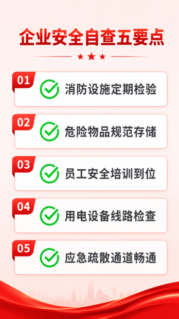 [第5屏] 本屏功能定义：梳理企业日常安全自查的核心要点，帮助企业落实安全管理。
[氛围/风格] 正式严谨的工作指南风格，红色主题图文结构，条理清晰。
[元素布局] 顶部放置主标题，下方分列五个检查要预览效果