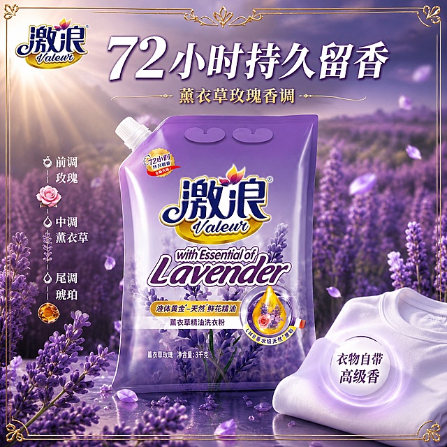 [主图-1] 72小时持久留香首图，薰衣草浪漫氛围。
[氛围风格] 紫色薰衣草花海浪漫高级感，金色描边装饰，参考图同款轻奢香氛风，抖音强视觉冲击电商主图。
[画质] 商业摄影质感，光线柔和通透，产品清晰真实，画面干净高级，超高清2K画质。
[元素] 画面中央偏左放置激浪薰衣草精油洗衣粉袋装产品，产品外观、颜色、材质、logo与输入产品图完全一致，杜绝变形和色差，精细化处理。产品占画面约65%。背景是梦幻薰衣草花田，紫色花瓣在空中飘散，右下角叠放一件洁白柔软的T恤，衣物上散发淡淡紫色香氛光晕。画面四角有金色欧式雕花边框装饰，顶部有金色花纹装饰条。左侧竖向前中后调香调说明：前调玫瑰、中调薰衣草、尾调琥珀，各配小图标。保持产品光影与场景融合自然，禁止边缘硬切、悬浮感。
[光影] 左上暖金色逆光穿透薰衣草花田，形成丁达尔光束，产品正面柔和补光，紫色氛围光环绕，整体通透梦幻，高光不溢，暗部有层次。
[配色] 主色调薰衣草紫、深紫渐变；辅助色金色、白色、暖光黄。
[视角构图] 正面平视，产品为视觉中心，前中后景分层，景深中等，花瓣前景虚化增加层次。
[文字版式] 顶部居中大标题"72小时持久留香"，白色粗体大字带紫色描边，字号最大最醒目。标题下方金色横线装饰，中间小字"薰衣草玫瑰香调"。右下角衣物旁圆形白底牌，内写"衣物自带高级香"紫色字。左侧香调文字白色小字配图标。左上角放置从产品提取的"激浪 Valeur"品牌logo。
[输出要求] 1:1比例，文字清晰可辨，超高清商业摄影质感。
[负向提示词] 变形，文字错乱，产品图模糊，背景杂乱，水印，电商平台Logo，多余的手，畸形手，肢体穿模。