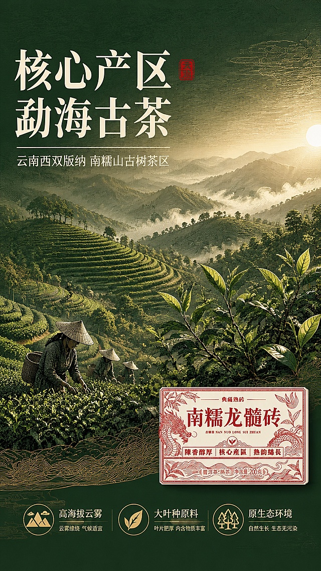 [第2屏] 详情页核心产区屏-云南勐海产地叙事。本屏使用【图1】作为产品包装参考元素，放置于画面右下角作为辅助，占比约20%。
[氛围/风格] 中式山水国风，云南茶山自然风光，大气开阔，版画线描质感，文化底蕴深厚。
[元素布局] 画面主体为云南西双版纳勐海茶山全景，层层叠叠的梯田茶园，远山云雾缭绕；中景有古茶树特写，叶片饱满翠绿；前景有茶农采摘茶叶的剪影；右下角放置南糯龙髓砖茶砖包装作为产品露出；茶山场景占画面约70%，突出产地优势。
[光影质感] 清晨柔和晨光，从山间洒下，雾气弥漫，整体暖绿色调，营造原生态自然氛围。
[配色色系] 全局底色 #2D4A2E 深茶绿渐变；主色 #5B8C5A 茶园绿；辅助色 #F5E6D3 米白、#8B4513 棕褐色。
[视角构图] 广角远景俯视，阅读动线从左上标题 → 中部茶山场景 → 右下产品包装 → 底部产地信息。
[文字版式] 左上主标题「核心产区 勐海古茶」，宋体大字，米白色；副标题「云南西双版纳 南糯山古树茶区」，米白色小字；底部横排三个产地卖点：「高海拔云雾」「大叶种原料」「原生态环境」，绿色图标+米白文字组合；右下角茶砖包装保持原设计。
[比例分辨率] 9:16竖版比例，4K分辨率，文字清晰可辨，高清画质。
[负向提示词] 包装文字错乱，茶山虚假，人物变形，水印，文字模糊，颜色偏差，现代建筑乱入。