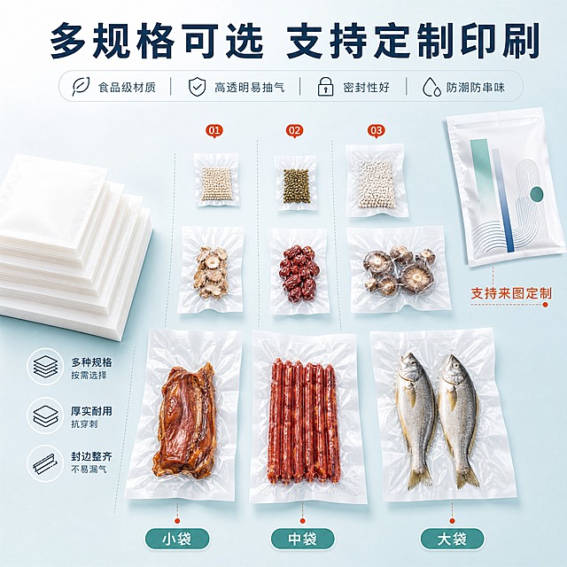 [主图-5] 聚酯光面真空袋 规格阵列与定制印刷决策。唯一任务：让用户快速看懂规格齐全、支持定制印刷，便于选规格下单，不重复前面四张的任何结论。
统一基调：整套为清透洁净的商用食品包装调性；背景主色为洁净白至清透蓝绿浅渐变；标题字色为深墨蓝绿，辅助字色为中灰蓝，强调色为小面积鲜橙红；标题与说明文字统一使用同一款无衬线黑体，仅以字号和粗细分层级；信息组件统一为圆角胶囊标签、细白描边浅色半透明卡片与线性小图标，文字一律横排。
画面：俯视平铺阵列构图。不同大小规格的白色光面真空袋按尺寸由小到大整齐排成三列网格，袋身平展、边缘平齐，透明袋面透出下方浅色台面；左侧放一组叠放的袋子侧视图体现厚度与量感；右上角单独放一只定制印刷款袋，袋面印有简约蓝绿色几何竖条与线性图案，图案中不出现任何真实品牌文字；所有袋子不得标注具体厘米数值，商品颜色、材质与袋型与输入图一致。
光影质感：顶部均匀柔光，袋面有细窄高光与轻柔投影，体现整齐秩序感与堆叠量感。
配色：沿用整套配色，洁净白到清透蓝绿浅渐变背景，鲜橙红仅用于阵列序号与强调线。
文字版式：上方横排大标题"多规格可选 支持定制印刷"，三列网格下方分别配圆角胶囊短词"小袋""中袋""大袋"，右侧短句"支持来图定制"；不出现 SKU 字样、不出现尺寸数字；统一无衬线黑体，主标题最大最粗，辅助字缩小一半以上。
输出要求：1:1 正方形，中文清晰无错字，排列工整可比较；禁止 SKU 字样、具体尺寸数字、变形、色差、模糊、杂乱、水印、平台 Logo。