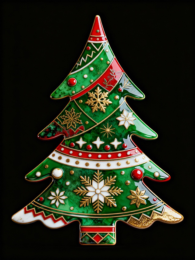 复古描边风圣诞树，鎏金与玻璃质感交织，重拟物设计呈现喜庆温馨氛围，金属光泽点缀节日细节。