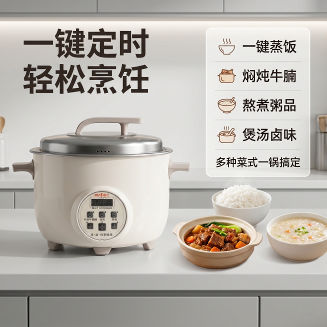 [主图-3] 一键定时多功能烹饪卖点展示。
[氛围风格] 现代简约实用风格，突出多功能便捷属性。
[画质] 商业摄影质感、光线柔和通透、产品清晰真实、画面干净高级。
[元素] 奶白色智能商用电饭锅放置预览效果