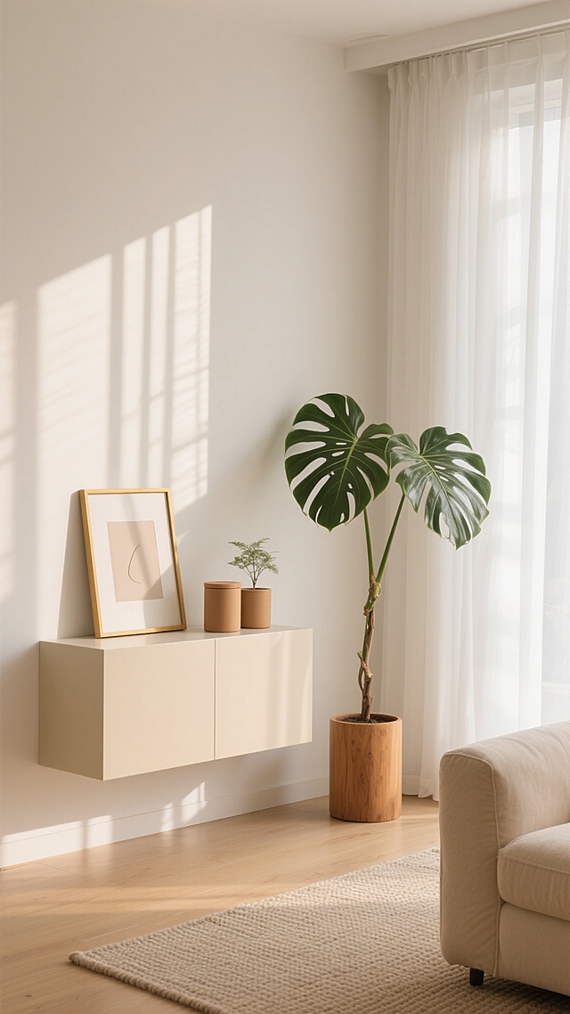 极简主义风格的室内背景，以柔和的米白色和浅木色为主色调，温暖的阳光从左侧大面积的白色纱帘透入，在墙壁和地面投射出清晰的竖直线条光影。画面右侧有一个浅米色的悬浮式矮柜，柜子上摆放着一个金色边框的简约装饰画、两个圆柱形的浅棕色收纳罐，以及一盆大型的龟背竹绿植。矮柜旁边的地板上放置着一个原木色的圆柱形花盆，里面种着一株小型绿植。地面铺着浅色的编织纹理地毯，右下角可见一张米色布艺沙发的一角，整体氛围宁静、明亮、整洁，充满自然光线和温馨舒适的居家感。