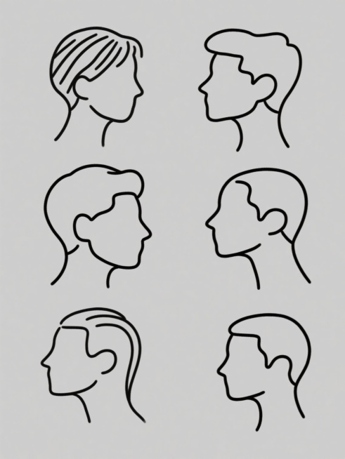 极简线条插画风格，以流畅优雅的单线条勾勒出六个完全不同的人物侧脸轮廓（每个轮廓在发型、面部轮廓角度、下巴线条、发际线形状等方面有显著区分），每个元素独立置于纯色背景上，整体画面采用统一的极简黑白配色方案，六个元素呈规整的网格状排布，保持一致的视觉风格和极简设计感，线条粗细均匀，转折自然流畅，画面干净利落，无任何多余装饰元素。预览效果