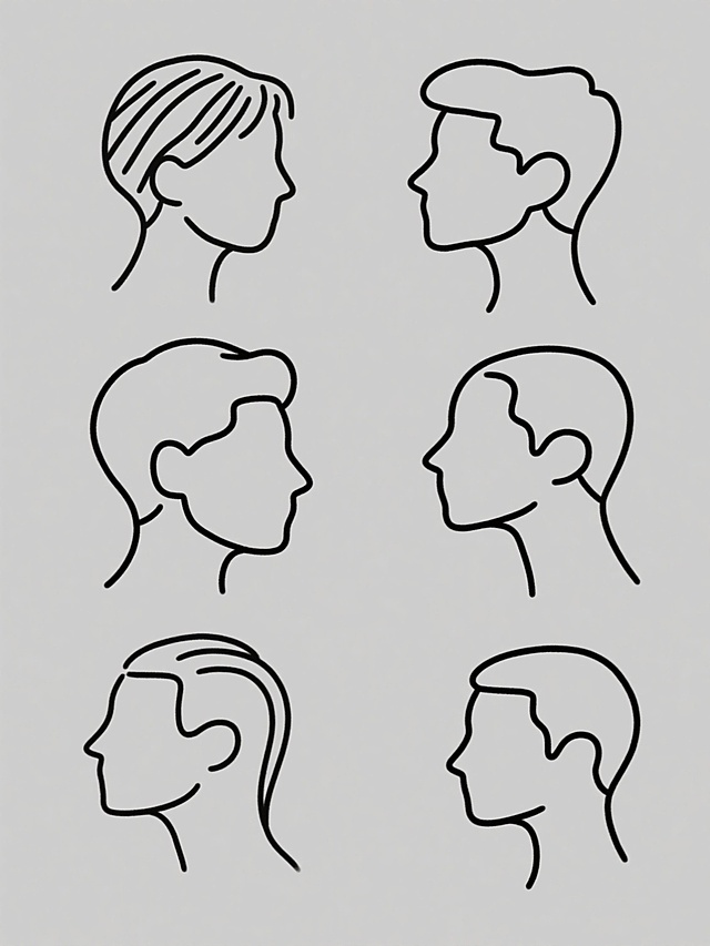 极简线条插画风格，以流畅优雅的单线条勾勒出六个完全不同的人物侧脸轮廓（每个轮廓在发型、面部轮廓角度、下巴线条、发际线形状等方面有显著区分），每个元素独立置于纯色背景上，整体画面采用统一的极简黑白配色方案，六个元素呈规整的网格状排布，保持一致的视觉风格和极简设计感，线条粗细均匀，转折自然流畅，画面干净利落，无任何多余装饰元素。