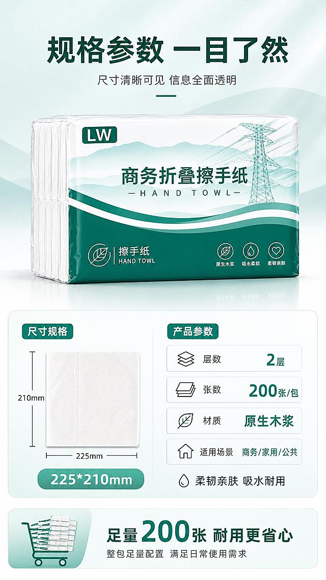 [主图-5] 主题：规格参数与囤货价值，展示产品尺寸规格与200张足量的性价比。
[统一基调] 整体风格=洁净商务品质感；背景主色=浅青绿渐变+白色洁净底；标题字色=深墨绿；辅助字色=中灰绿；强调色=青绿；字体样式=现代无衬线黑体，粗体大字标题，常规体辅助说明；组件样式=圆角细线图标、简洁数字标签、轻量信息条；光影=左前侧柔和自然光，产品立体有接触阴影。
[画面] 上半部分为产品包装正面斜视角，占画面45%，完整展示产品外观。下半部分为规格信息卡区域，左侧是尺寸标注示意图：225*210mm，用引线标注长宽；右侧是参数列表：层数2层、张数200张/包、材质原生木浆、适用场景商务/家用/公共。右下角有囤货价值提示：足量200张 耐用更省心。
[光影质感] 商业摄影质感，产品清晰立体，信息卡区域简洁干净，整体光线均匀明亮。
[配色] 主色浅青绿+白色，信息卡用浅绿底白边，标题深墨绿，参数文字深灰色，强调数据用青绿色。
[文字版式] 顶部大标题「规格参数 一目了然」，下方信息卡分左右两栏：左栏尺寸标注「225*210mm」，右栏参数列表：层数2层、张数200张、材质原生木浆，底部标注「柔韧亲肤 吸水耐用」，文字横排，层级清晰，数据醒目。
[输出要求] 比例9:16竖版，2K分辨率，文字清晰可读，产品清晰不变形，无错字，无杂乱背景，无水印，无平台Logo，无极限词。
