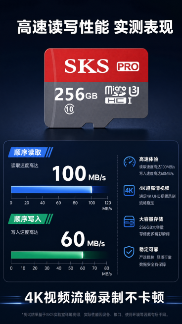 [第6屏] 读写速度实测，可视化展示SKS PRO 256GB内存卡高速读写性能。
[氛围/风格] 数据测试风，专业严谨，深色背景搭配渐变性能条，符合京东数码参数展示调性。
[元素布局] 本屏使用【图预览效果