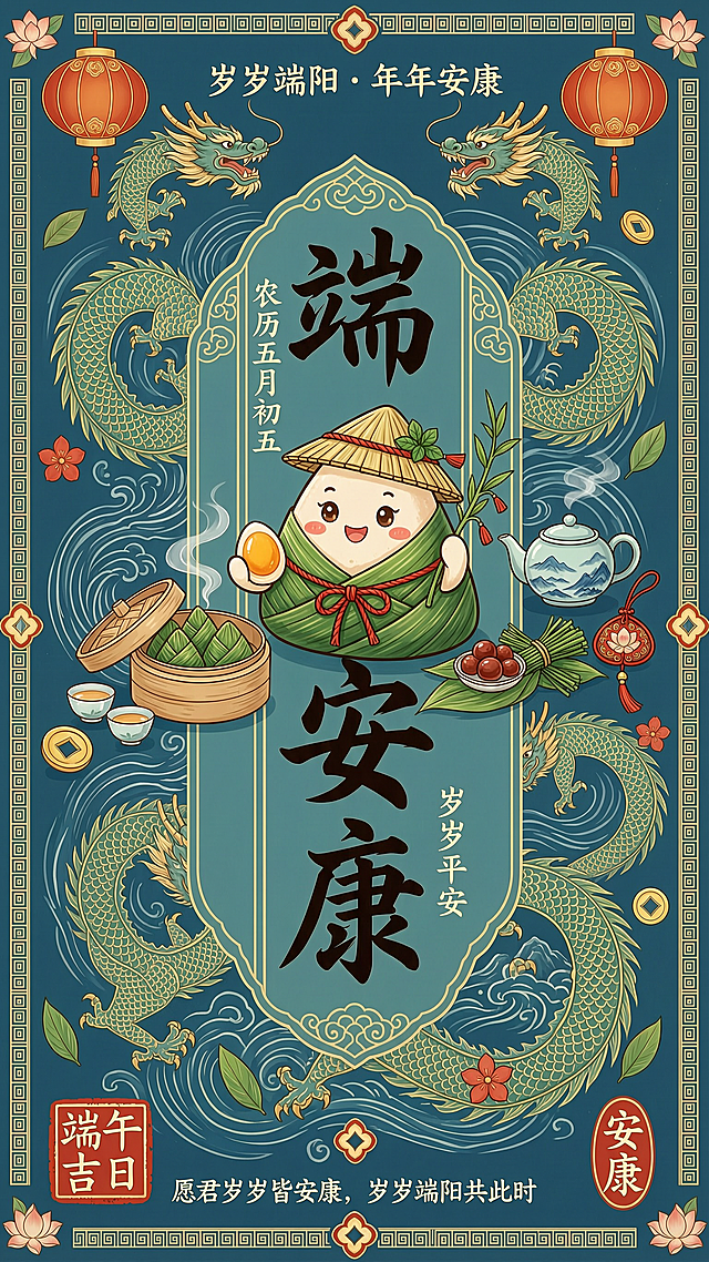 传统国风插画，融合龙纹与粽子拟人设计，配色典雅，细节精致，呈现端午节浓厚文化氛围。