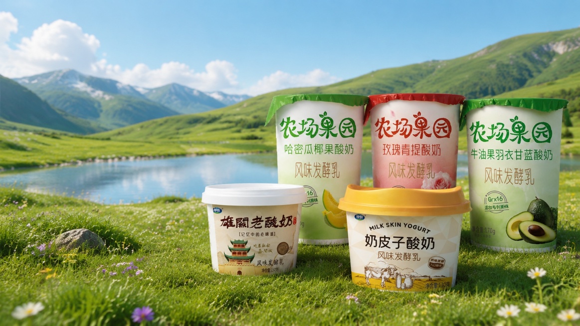 将四张酸奶产品商品图合理放置在图中草原湖泊背景的右侧中部位置，保留原有背景和产品细节，构图自然和谐预览效果