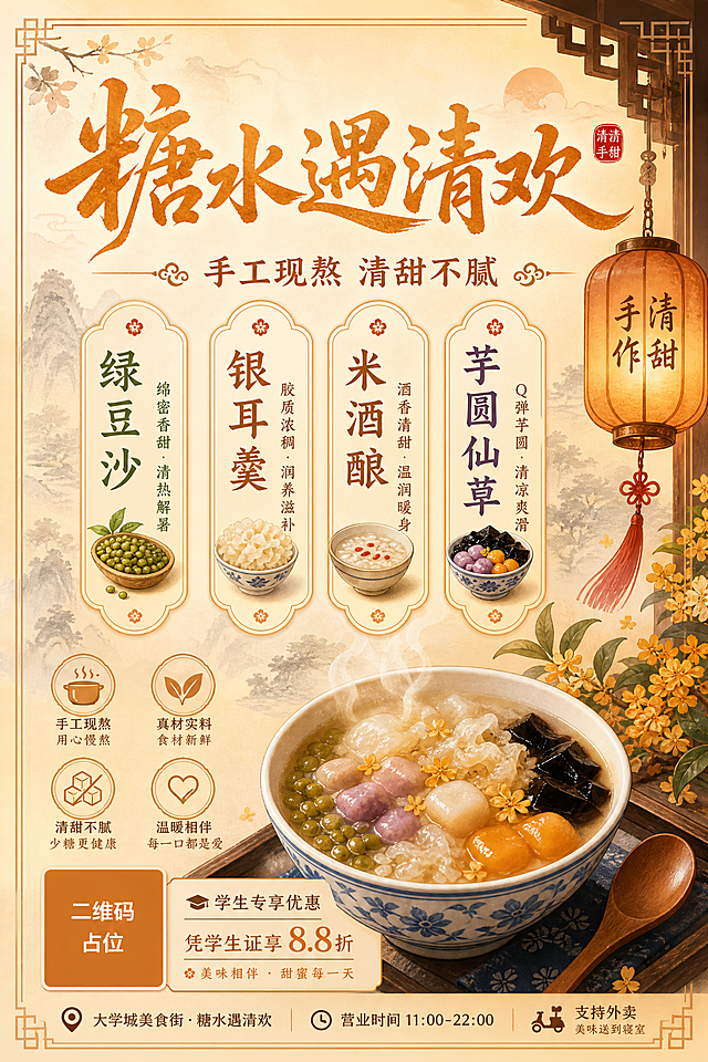 国风糖水铺侧面灯箱广告，竖版2:3构图。顶部主标题「糖水遇清欢」使用国风书法字体，暖橘金色。副标题「手工现熬 清甜不腻」位于主标题下方。中间部分展示四款糖水名称标签，竖排或两列排列：「绿豆沙」「银耳羹」「米酒酿」「芋圆仙草」，每个名称配小图标。底部有一碗冒着热气的糖水插画，旁边有中式灯笼和桂花装饰。背景为暖米色到浅橘色渐变，有淡淡的水墨纹理，温馨国风氛围。整体风格新中式，暖色调，适合大学旁糖水铺侧面灯箱，版式精美，文字清晰可读，四周留安全边距。画面中所有信息区域必须填充完整合理的内容，不得出现空白框。画面中所有二维码区域使用纯色方块占位符呈现，方块中央标注"二维码占位"文字，严禁生成任何可识别的二维码图案。