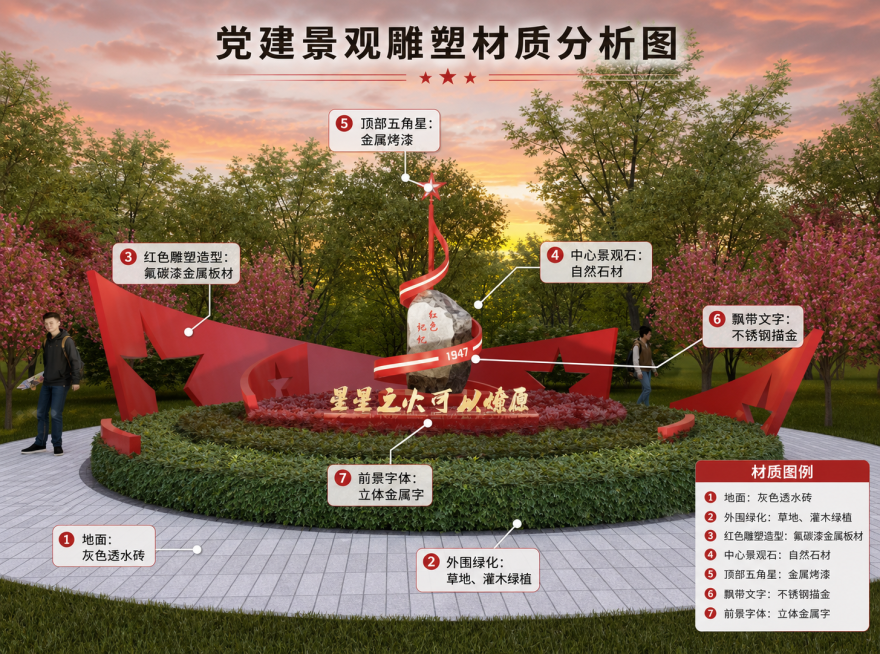 为该党建景观雕塑生成材质分析图，标注出每个结构对应的材质：地面是灰色透水砖，外围草地、灌木绿植；红色雕塑造型是氟碳漆金属板材；中心景观石是自然石材；顶部五角星是金属烤漆；飘带文字是不锈钢描金；前景字体预览效果