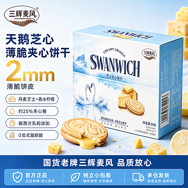 [单张主图] 三辉麦风SWANWICH芝士夹心饼干，爆款促销感主图，抖音平台适配，同时承担点击、理解、信任、转化四个任务，3秒传递商品核心优势。
[画面主体] 商品包装盒居中斜向摆放，商品主体占比约60%，保持产品外观、物理结构、材质质感、颜色、品牌Logo与输入产品图绝对一致，杜绝任何变形和色差，精细化处理；旁侧摆放1块掰开的夹心饼干，芝士夹心自然流淌出来，展示薄脆饼干和25%夹心的真实质感。
[构图版式] 左文右品标签参数型，左侧38%区域放置粗黑主标题和核心数字，右侧产品立体摆放，底部18%区域用撞色高对比信息条承接卖点信息，信息分区清晰，商品主体不被文字遮挡。左上角安全区域提取保留原品牌"三辉麦风"Logo，字形颜色比例和原图保持一致。
[场景元素] 背景为浅蓝色到白色渐变，搭配散落的芝士块和柠檬片作为装饰，增强食欲感；左侧主标题和核心卖点，右下角产品展示，底部通栏排列3个卖点标签。
[文案版式] 左上区域：主标题"天鹅芝心" "薄脆夹心饼干"，大字粗体蓝色；核心数字"2mm"超大字号金色突出；下方依次排列卖点标签："丹麦芝士+香水柠檬"，"约25%夹心酱"，"新西兰乳粉添加"，"0反式脂肪酸"。底部通栏信息条白色字蓝色底，写着"国货老牌三辉麦风 品质放心"。文字清晰可读，与背景形成强对比，分区合理不遮挡主体。
[光影质感] 自然暖光，主光从左上方照射，突出饼干酥脆纹理和夹心的流质感，辅光从右侧补光，消除多余阴影，产品轮廓清晰，背景虚化浅景深，突出主体，商业摄影高清质感，画面干净通透，食欲感强。
[配色字体] 主色调浅蓝色，辅助色奶白色，强调色金色和深蓝色，字体主标题用粗黑无衬线字体，最大字号，卖点文字缩小50%，层级清晰对比强烈。
[比例分辨率] 1:1比例，2048px宽，2048px高，4K分辨率，文字清晰可辨。
[负向提示词] 变形，水印，错字，糊字，伪Logo，主体遮挡，背景杂乱，低清晰度，错误结构，文字模糊，产品变形色差