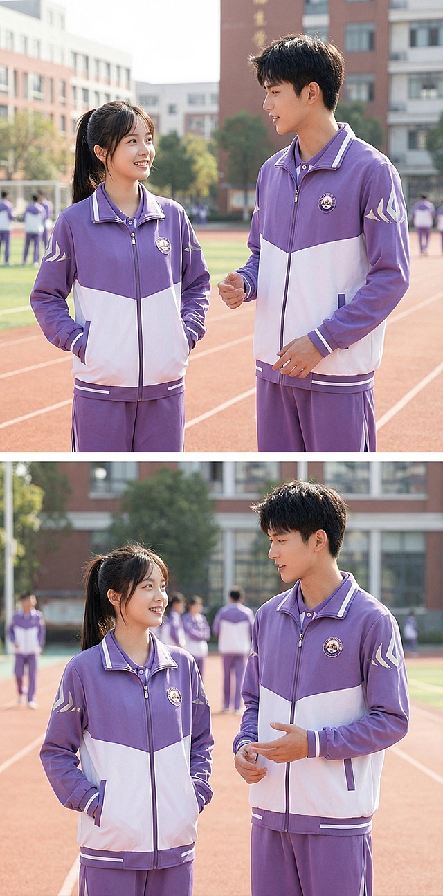一对颜值高的高中生男女模特，穿上图中的这套紫白拼色校服运动套装，动作自然，展示校服上身效果，高清实拍