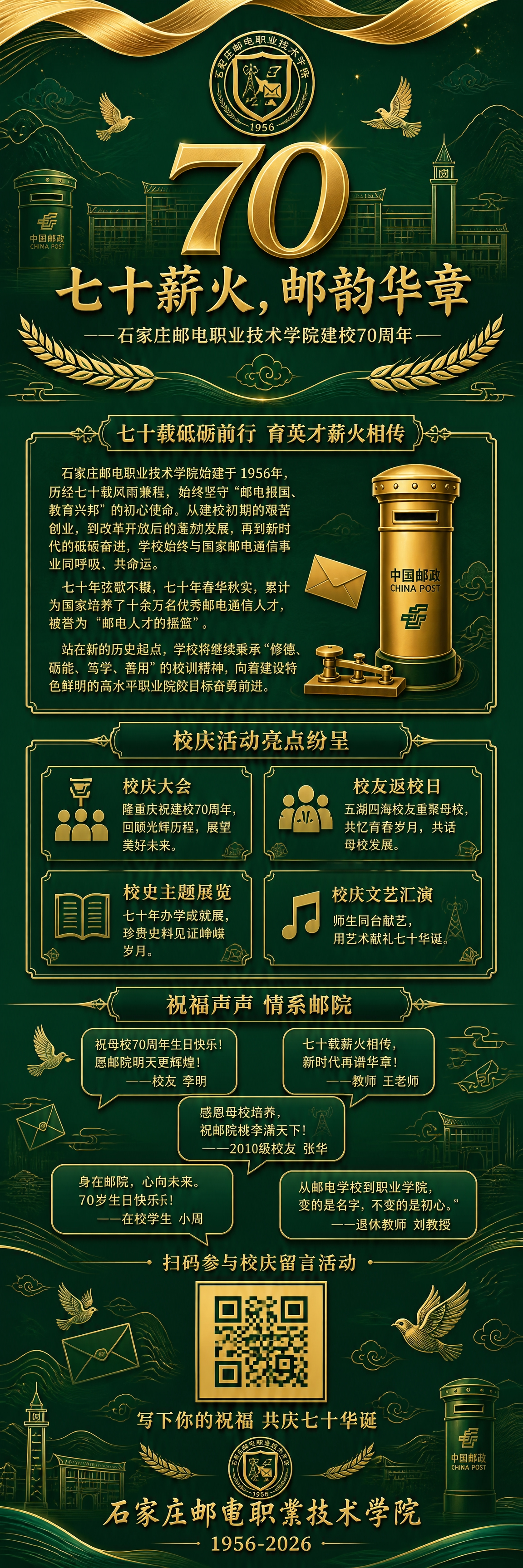 石家庄邮电职业技术学院70周年校庆公众号竖版长图，邮政绿主题配… - 图片创意预览