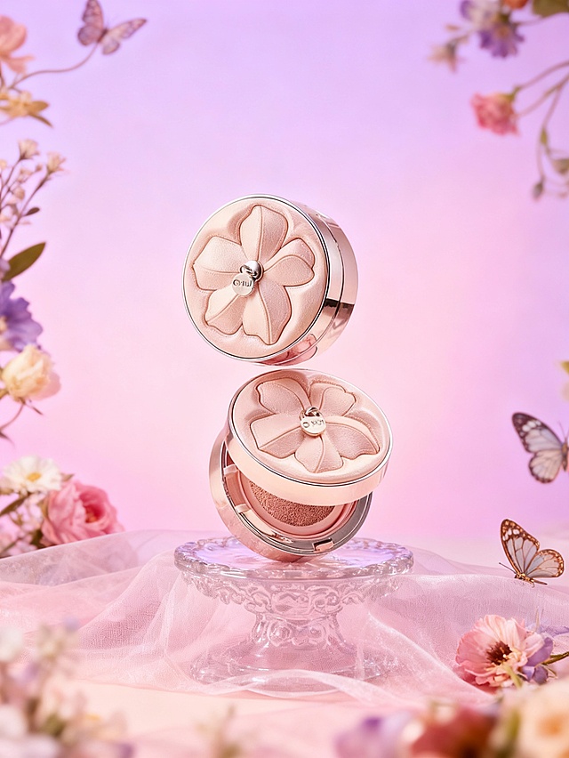 童话梦幻风奢华美妆商业摄影风格，浪漫精致的调性，画面整体采用粉紫渐变的低饱和配色，暖调柔焦的奢华光影；采用平视偏轻微俯视视角；场景为粉紫渐变的低饱和色背景，载体包含透明雕花底座、薄纱衬布，搭配花朵、蝴蝶等童话感装饰元素；主体分布于陈列场景中，占画面约 50% 比例，放置在透明底座与薄纱衬布之上；主体与环境的关系为：产品依托透明雕花底座、薄纱衬布构建童话质感的陈列空间，花朵、蝴蝶装饰强化梦幻氛围，暖调柔焦光影凸显产品的精致花纹与金属质感