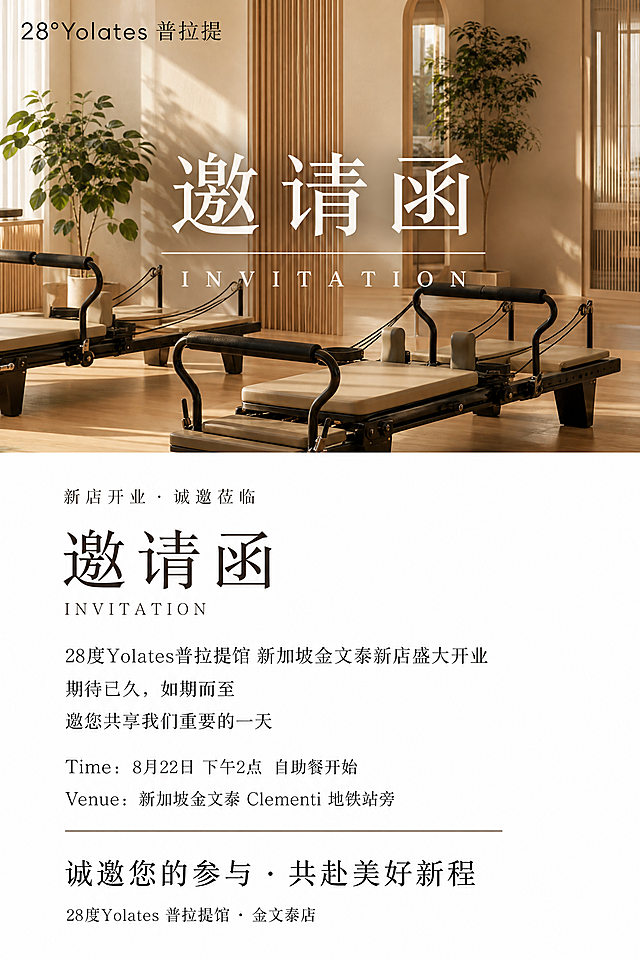参考图的版式骨架：上半部分为普拉提场馆实景照片区域，中间有大标题文字叠加；下半部分为纯白色背景的信息区域，文字从上到下依次排列。保留这种上下分区的版式结构、字体层级关系和简约高级的氛围。

将所有文案替换为新店开业邀请函内容：

【上半部分图片区】：
- 场景：现代简约风格的普拉提馆内部，有普拉提核心床器械，木地板，温暖柔和的自然光，绿植点缀，干净高级的氛围
- 叠加主标题大字："邀请函"，下方小字英文："INVITATION"
- 顶部品牌名："28°Yolates 普拉提"

【下半部分白色信息区】：
- 第一行小字："新店开业 · 诚邀莅临"
- 大标题："邀请函"，下方英文小字："INVITATION"
- 正文段落：
  "28度Yolates普拉提馆 新加坡金文泰新店盛大开业"
  "期待已久，如期而至"
  "邀您共享我们重要的一天"
- 时间信息："Time：8月22日 下午2点 自助餐开始"
- 地点信息："Venue：新加坡金文泰 Clementi 地铁站旁"
- 分隔线
- 邀请语："诚邀您的参与 · 共赴美好新程"
- 底部地址："28度Yolates 普拉提馆 · 金文泰店"

整体风格：简约高级、温暖质感、普拉提馆调性，米白暖色调，排版精美，文字清晰可读。

画面中所有数字必须精确渲染，不得出现错位、遗漏或编造的数字。
画面中所有信息区域必须填充完整合理的内容，不得出现空白框或待填写区域。