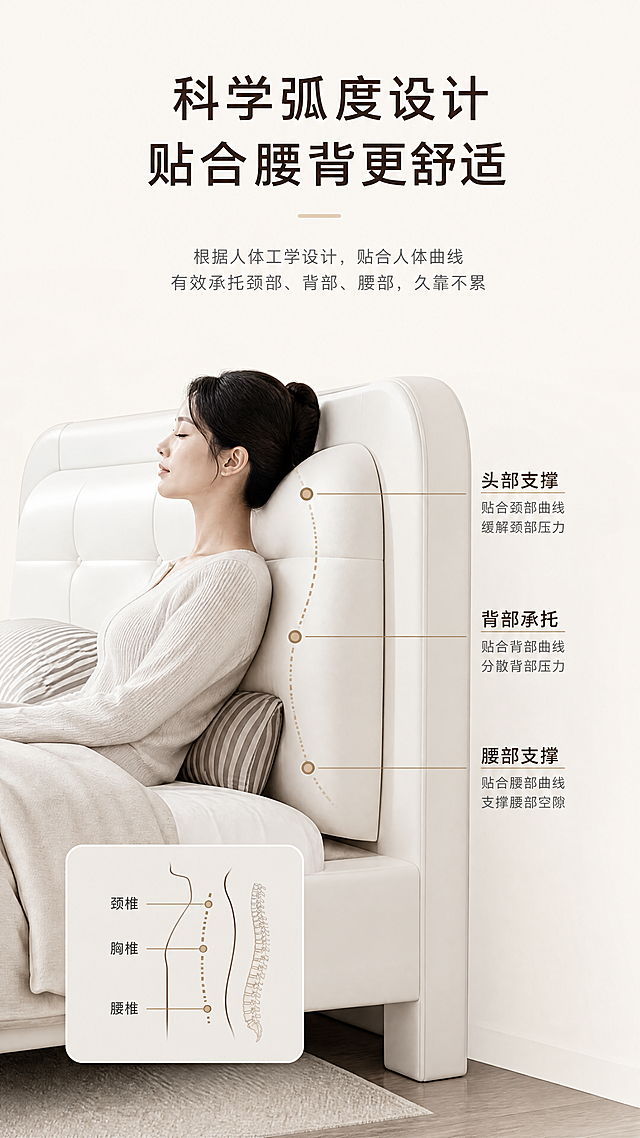 [第8屏]靠背人体工学展示，标题科学弧度设计 贴合腰背更舒适，示意图贴合人体曲线标注，保留图片3床头软靠结构，浅背景，9:16，4K，文字清晰。