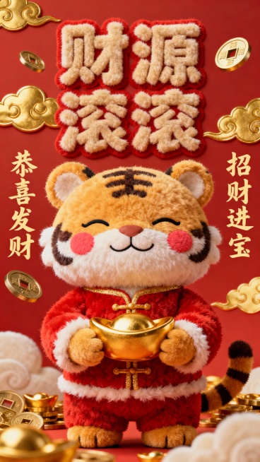 一幅以发财为主题的毛绒风格海报，画面中心是一只穿着红色毛绒唐装、双手捧着金元宝的卡通小老虎，它闭着眼睛，嘴角上扬，脸颊带着红晕，显得十分喜庆可爱。上方有醒目的毛绒立体字“财源滚滚”，周围环绕着金色的祥云、铜钱和“恭喜发财”“招财进宝”等手写风格的吉祥文字。整体色调以红色和金色为主，营造出热烈、喜庆的氛围，毛绒质感细腻柔软，视觉层次分明，能在短时间内清晰传达出招财纳福的核心信息，符合大众对新年发……预览效果