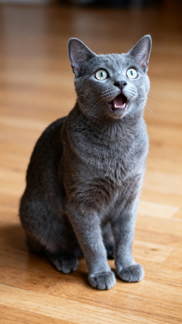 一只坐着的、露出震惊表情的灰色猫咪全身照，写实照片风格，细节清晰，光影自然预览效果