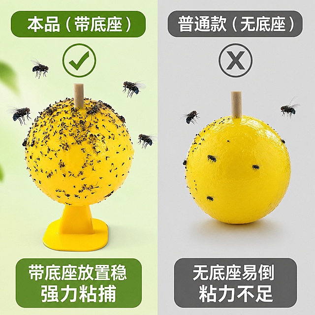 [主图-7] 本品对比普通款对比图
[氛围风格] 对比清晰直观
[画质] 高清清晰，对比分明
[元素] 左右分栏对比，左侧本品带底座诱蝇球，标注√，展示粘满小飞虫，右侧普通款无底座诱蝇球标注×，只有少量飞虫；保持本品外观和参考图一致。左右背景分区，本品浅绿底，普通款浅灰底。
[光影] 左右光线一致，对比清晰
[配色] 左绿右灰区分，黄色球体突出
[文字版式] 左右标注本品/普通款，底部本品标注带底座放置稳 强力粘捕，普通款标注无底座易倒 粘力不足，文字清晰对比强烈
[比例分辨率] 1:1比例，4k分辨率，文字清晰超高清
[负向提示词] 变形，文字错乱，背景杂乱，水印，证书，报告