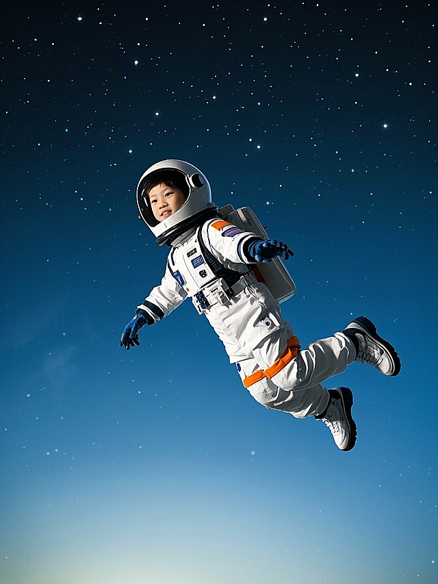 小学生，穿着宇航员服饰，翱翔太空，背景为星空