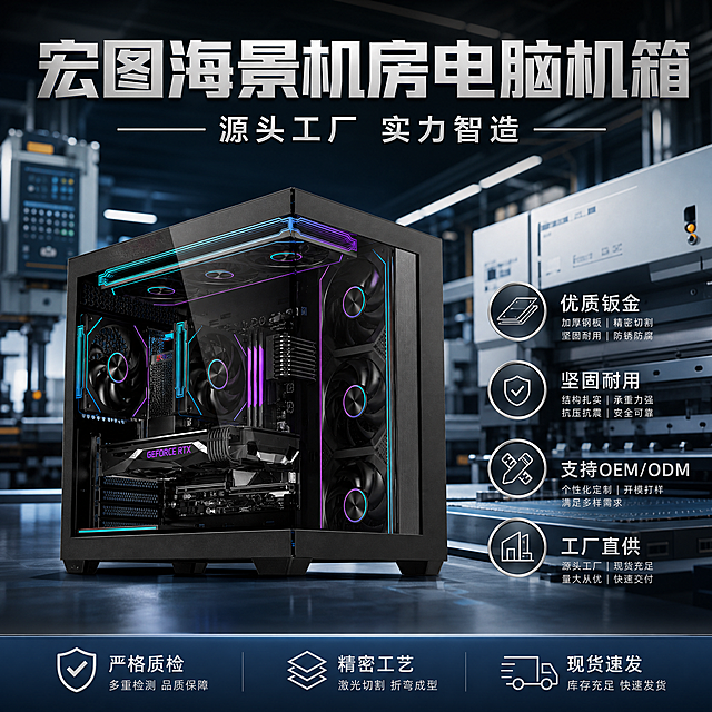 宏图海景机房电脑机箱侧面视角展示，工厂实力风，突出优质钣金材质，坚固耐用，1688工业风电商主图