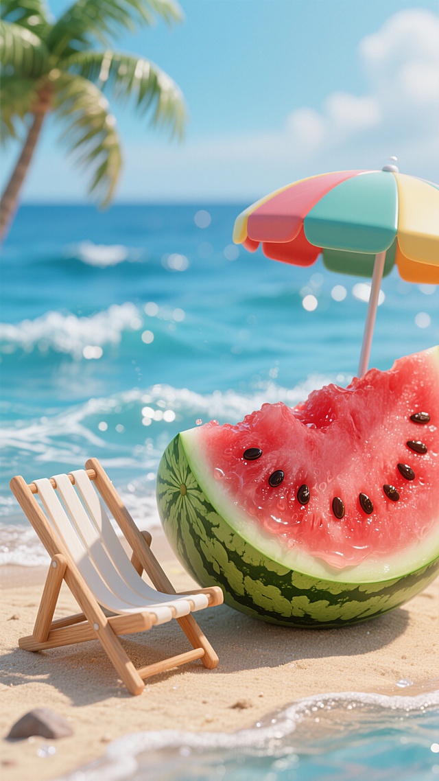 夏日炎炎，西瓜是最爱的水果。在微风吹过的大海边，躺在躺椅上，听着海浪的声音。