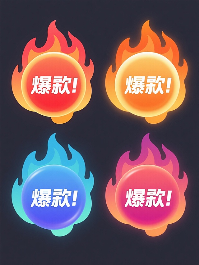 一组4个不同配色、不同样式、不同材质的「爆款」元素设计，采用干净简约风格，符合现实逻辑，适用于素材使用。每个元素均为火焰环绕的圆形徽章造型，内部包含醒目白色「爆款」文字，整体呈现数字插画的平滑质感，色彩鲜明饱满，线条清晰利落，光影过渡自然柔和，具有简洁现代的视觉效果，适合作为电商或促销素材使用。