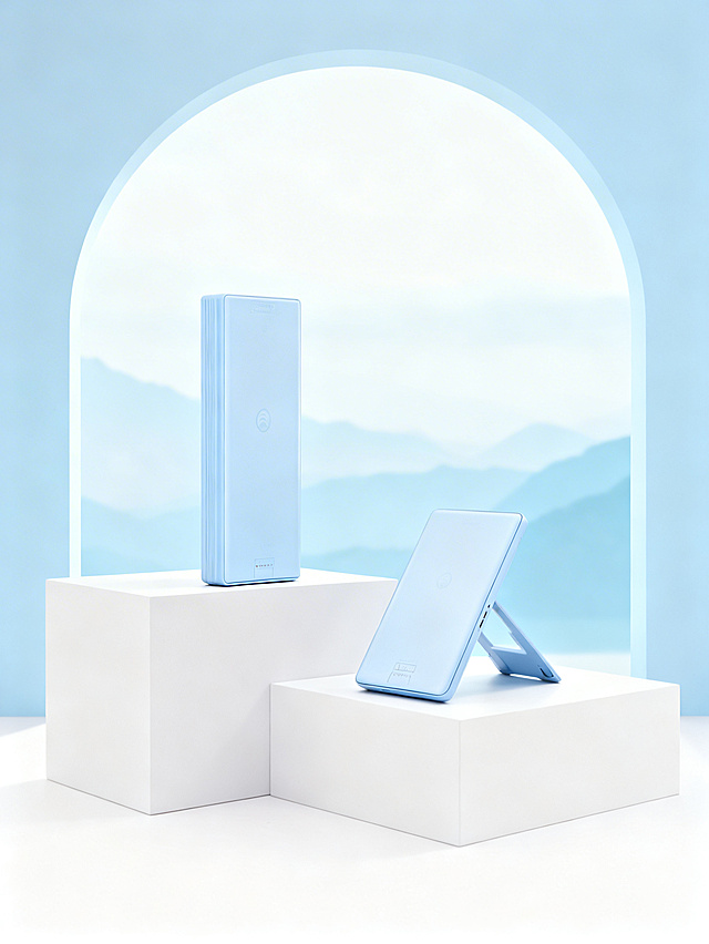 清新简约风数码产品商业摄影，整体色调为浅白基底、淡蓝主体与柔蓝背景交织的舒适轻氧调；采用平视中景视角，主体（两件，合计占画面约 45% 视觉占比）分别置于高低错落的白色立方体台面上：一件直立于左侧高台，一件展开支架斜置于右侧低台，均正面朝向镜头；背景为拱形框内的淡蓝山水景观，强化清新氛围；光线为柔和均匀的散射光，突出主体的哑光质感与台面的干净通透，背景暗一点，背景景观与主体色调形成统一的轻氧风格；主体与简约展台、清新背景自然融合，营造出便携数码产品的舒适使用场景，商业级高清渲染，色彩柔和清新，质感细腻，契合年轻简约的产品定位。