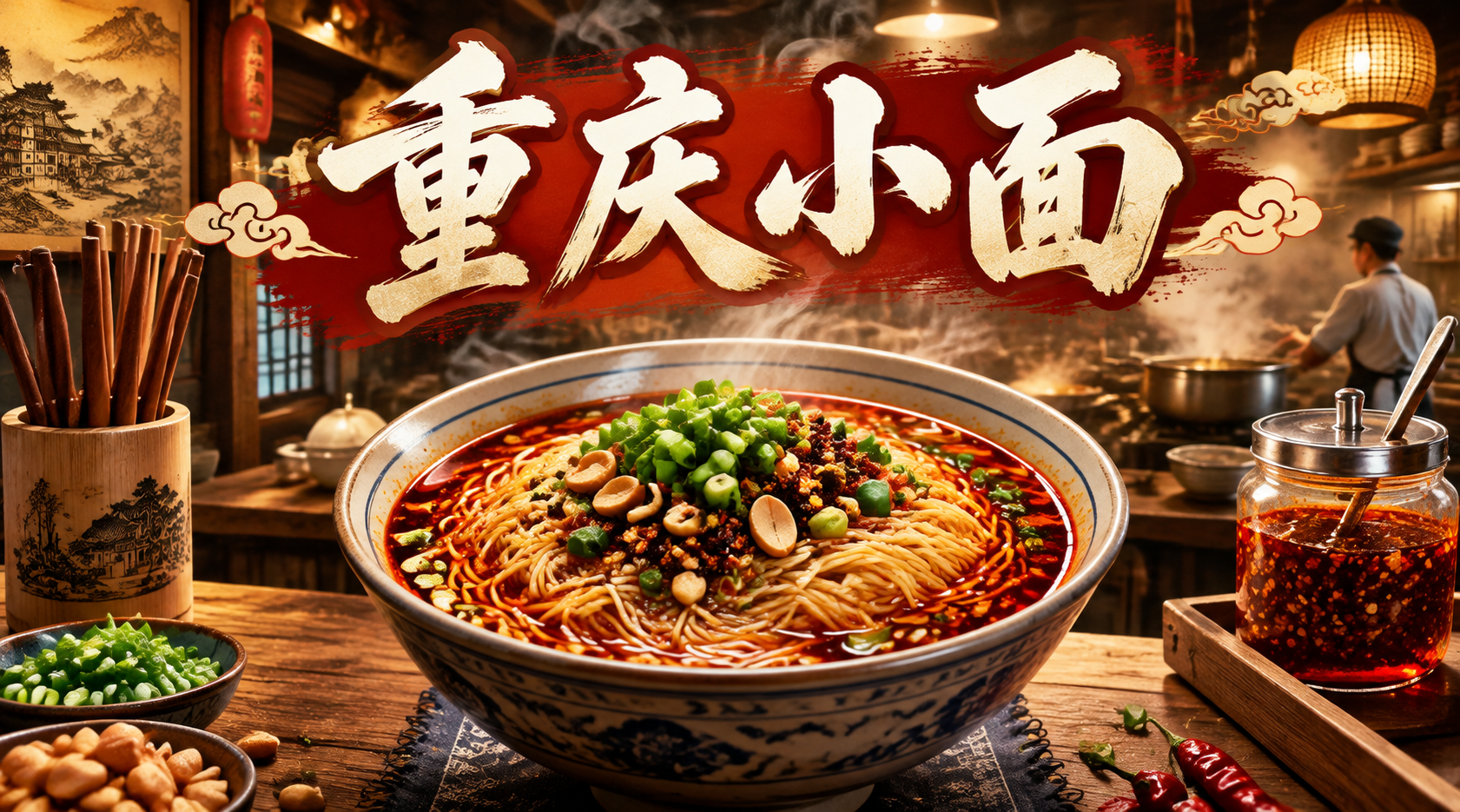 重庆小面店铺店招横幅，写实风格，画面中央一碗正宗重庆小面，红油… - 图片创意预览