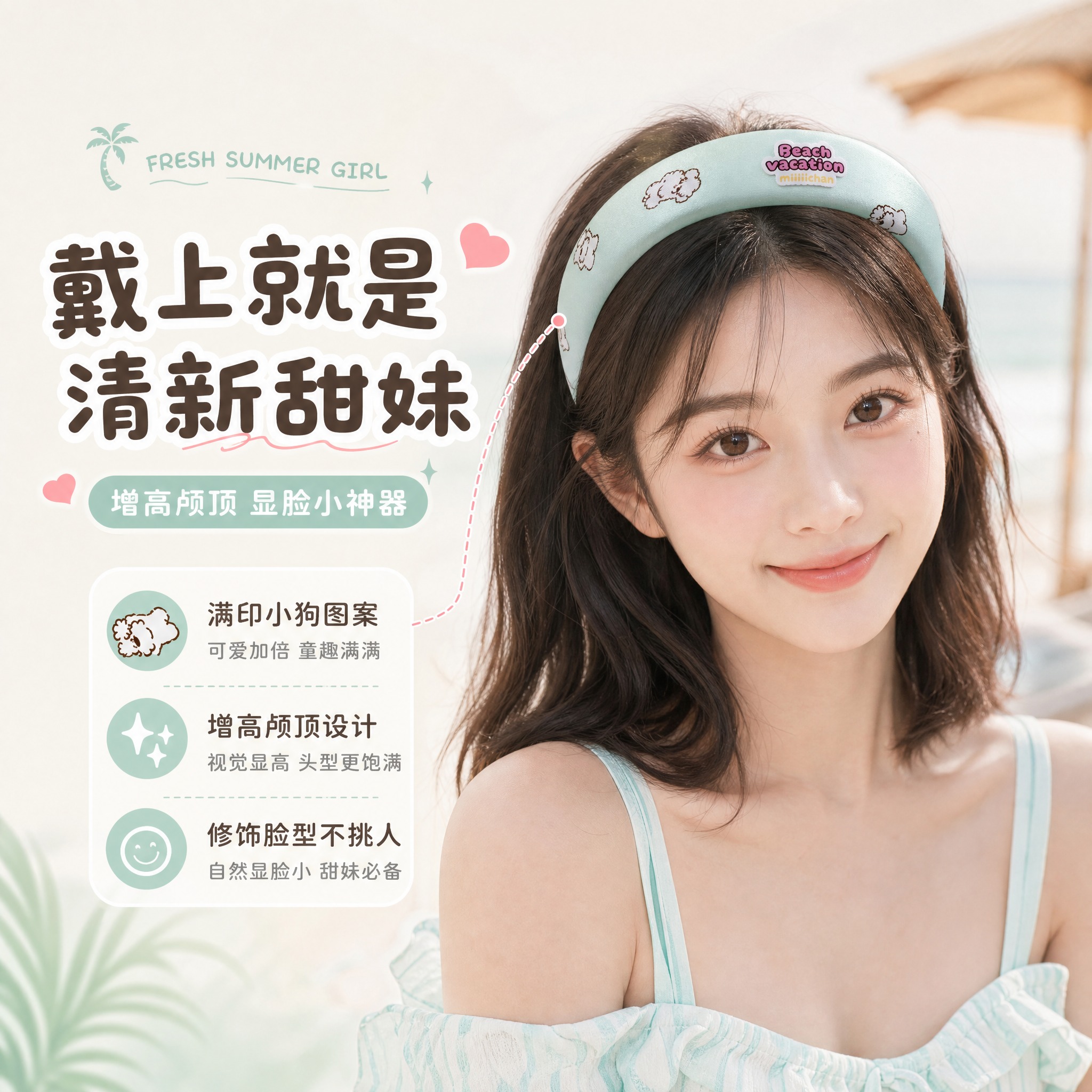 miiiiichan薄荷绿满印小狗宽发箍详情页第5张-主模特展… - 图片创意预览