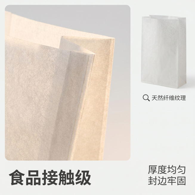 [主图-3] 格拉辛纸袋材质细节展示
[氛围风格] 微距特写，突出材质质感和工艺细节
[画质] 商业摄影质感、光线柔和通透、产品清晰真实、画面干净高级
[元素] 局部微距放大展示格拉辛纸袋的纤维纹理、预览效果