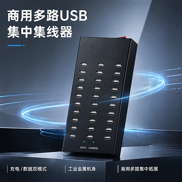 [主图-1] 首屏主轮播：商用多路USB集中集线器整体定位海报
[氛围风格] 冷调商务科技质感，全屏极简商务科技风格，精密硬件仪器氛围感，干净高级企业商用视觉，无花哨卡通元素
[画质] 商业摄影质感，产品清晰真实，画面干净高级，超高清分辨率
[元素] 商用多路USB集中集线器立体斜侧45°实拍放置在画面中心，产品外观、物理结构、材质质感、颜色与输入产品图保持绝对一致，杜绝任何变形和色差，精细化处理。搭配环绕数据流淡蓝光效和数据流蓝光线条，浅灰渐变高级背景，几何分栏简约版式，哑光黑金属机身，细腻工业金属光影，冷光数字UI特效，商品主体占比约70%。全程不出现任何接口数量，避开数字暗示口数
[光影] 主光源从左前方打来，突出金属机身硬朗立体光影，环绕数据流淡蓝光效作为辅助点缀光，细腻工业金属光影过渡自然，明暗层次清晰
[配色] 低饱和灰蓝主色调，哑光黑为辅助色，淡蓝色数据流光效点缀
[视角构图] 斜侧45°平视视角，几何分栏构图，景深适中，产品轮廓完整不裁切
[文字版式] 画面上方大字主文案"商用多路USB集中集线器"，无衬线简约字体，粗体白色，左对齐留安全边距不遮挡产品主体。底部三栏短标签文案左对齐，第一栏"充电 / 数据双模式"，第二栏"工业金属机身"，第三栏"商用多路集中拓展"，字号约为标题的一半，白色无衬线字体，保持文字清晰可读。文字占比小于30%，干净克制
[比例分辨率] 1:1比例，4K分辨率，文字清晰可辨
[负向提示词] 变形，水印，文字错乱，产品图模糊，背景杂乱，接口数量，数字暗示，花哨卡通元素，文字遮挡主体
