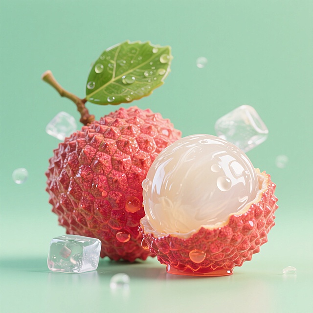 清新3D风荔枝，轻拟物设计，冰块点缀，夏日清凉感十足。