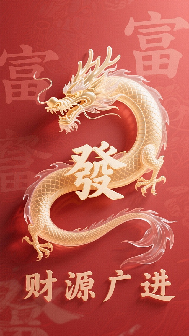 鎏金龙身盘绕“发”字，3D重拟物风呈现浮雕质感，红底衬托喜庆中式奢华，寓意财源广进，尽显节日祥瑞。