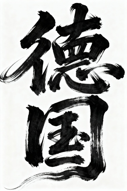 书法字体海报，主体为“德国”四个草书汉字，草书字体狂野奔放，视觉张力富有动感，超粗笔画流畅飘逸，笔画巧妙延长变形，带有飞白效果，笔画流畅潇洒，干净背景，整体呈现大师海报作品风格，电影海报视觉效果预览效果