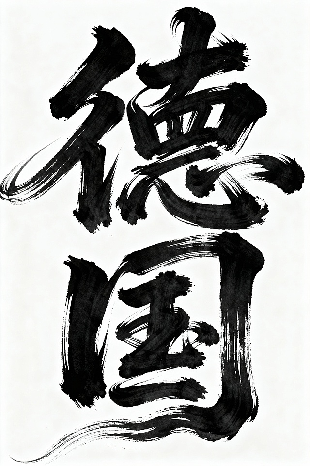 书法字体海报，主体为“德国”四个草书汉字，草书字体狂野奔放，视觉张力富有动感，超粗笔画流畅飘逸，笔画巧妙延长变形，带有飞白效果，笔画流畅潇洒，干净背景，整体呈现大师海报作品风格，电影海报视觉效果