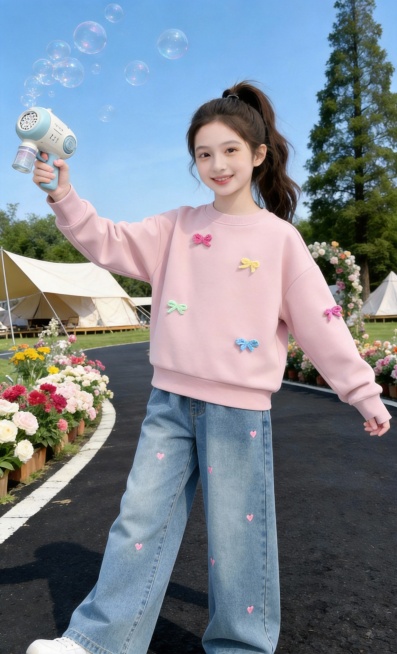 把图1的衣服和裤子给图的2的人物穿上，保留原场景光影，保持图2的人物的五官和发型不变，图片宽高尺寸不变，背景不变，鞋子不变，人物姿势不变，保持图1的衣服和裤子的款式和颜色不变预览效果