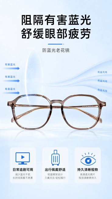 [第3屏] 核心卖点解析-防蓝光老花镜功能展示。本屏使用【图1】作为产品主体，保持产品外观结构颜色一致。
[氛围/风格] 科技感+简约风，浅蓝渐变背景，干净专业，突出防护功能。
[元素布局] 产品主体预览效果