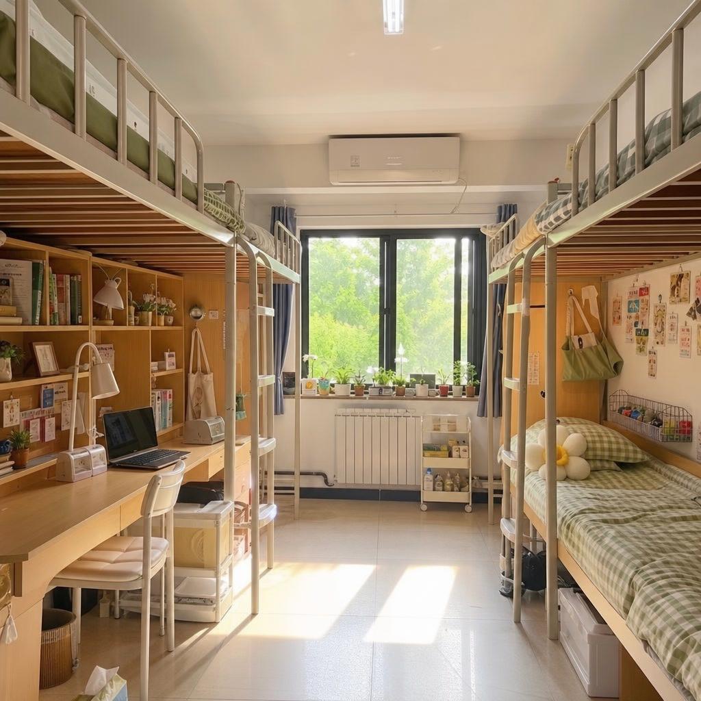 温馨整洁的大学宿舍，上下铺床位，书桌，生活用品，阳光从窗户照进… - 图片创意预览